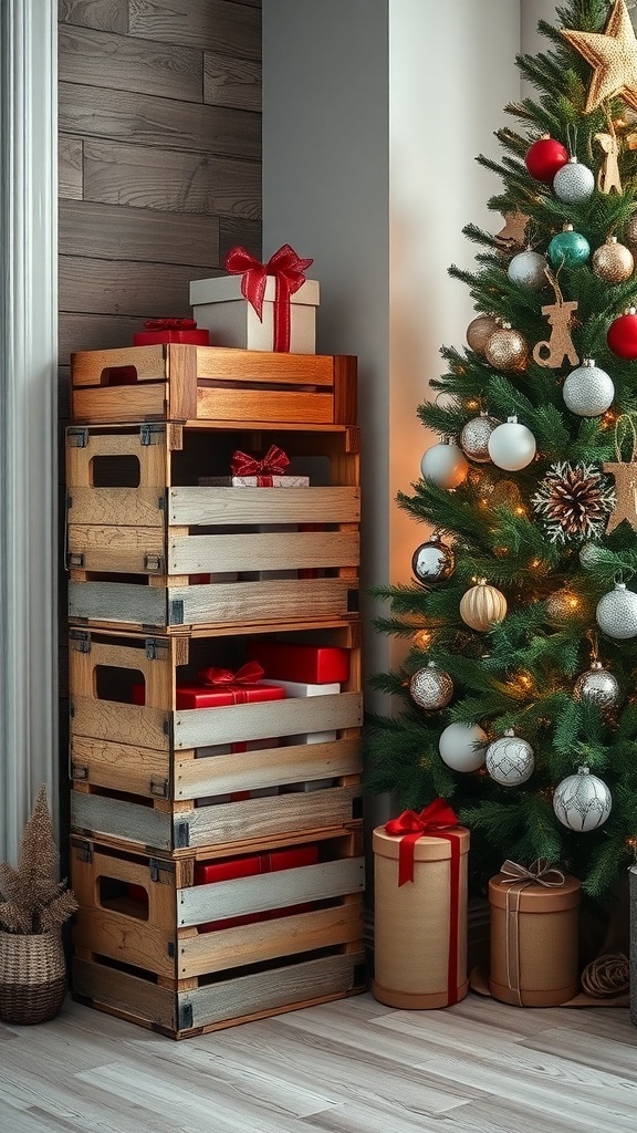 A stack of wooden crates filled with wrapped gifts next to a decorated Christmas tree.
