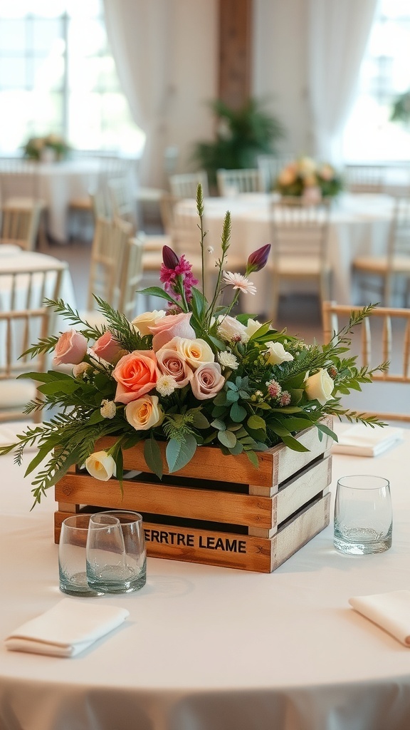 A wooden crate centerpiece filled with pastel roses and greenery on a wedding table