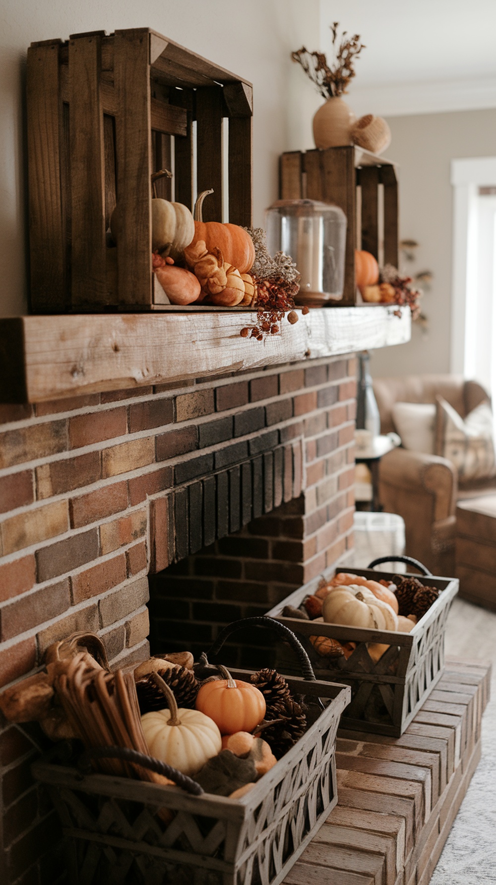 A cozy Thanksgiving mantel decorated with wooden crates and baskets filled with pumpkins and pinecones.