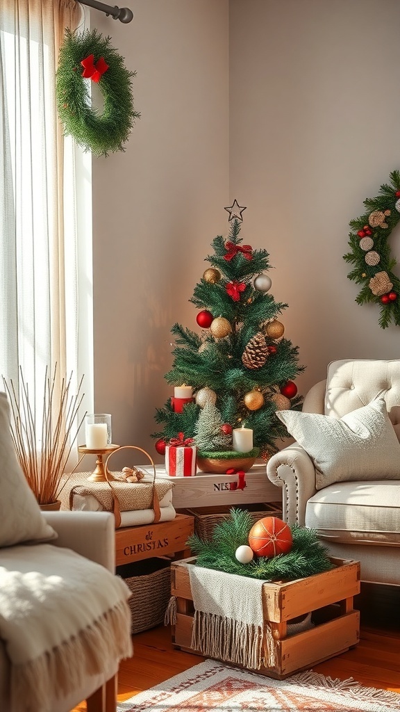 A cozy living room decorated for Christmas with a tree, wooden crates, and festive decor.