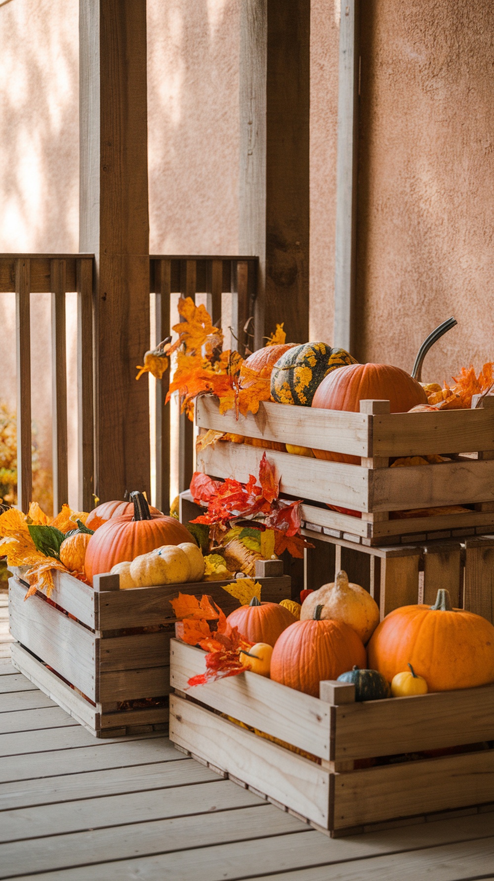 Wooden crates filled with pumpkins and autumn leaves on a porch