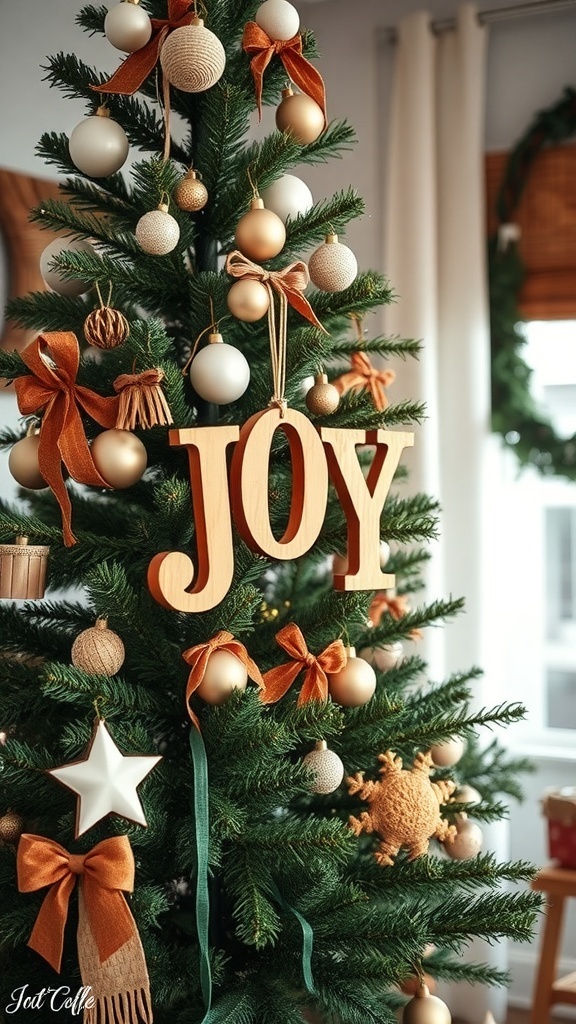 A Christmas tree decorated with wooden letters spelling 'JOY', surrounded by gold and cream ornaments and ribbons.