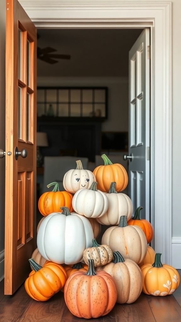 A stack of colorful wooden pumpkins at a doorway, creating a festive Thanksgiving decoration.