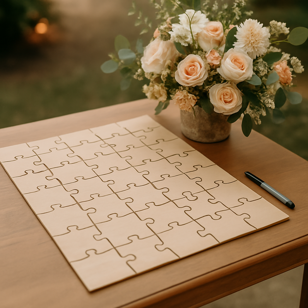 A wooden puzzle guest book on a table with flowers