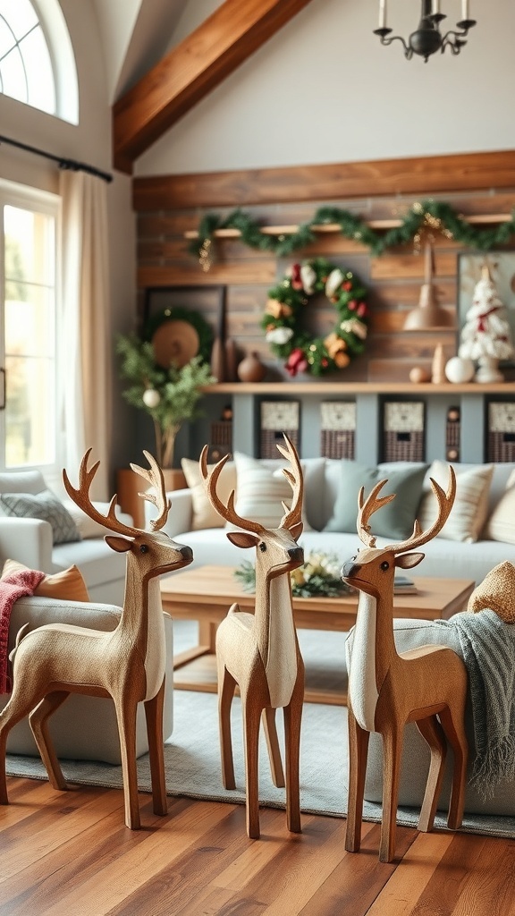 Three wooden reindeer decorations in a cozy living room with holiday decor