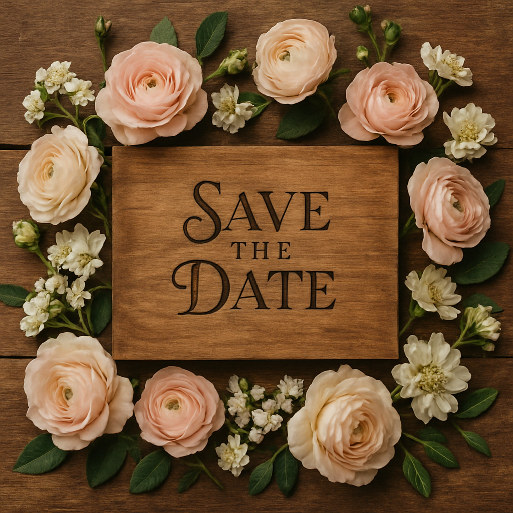 Wooden save the date card surrounded by pink flowers and greenery