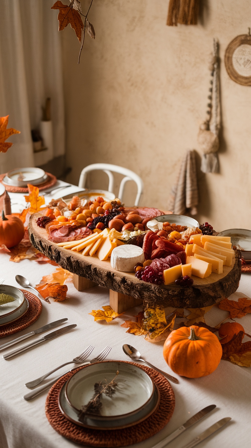 A rustic Thanksgiving table setting featuring a large wooden serving board filled with cheeses, meats, and fruits, surrounded by autumn leaves and small pumpkins.