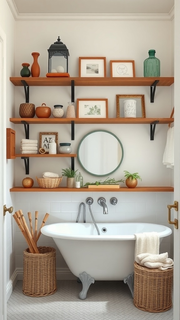 Wooden shelves in a cottagecore bathroom displaying vintage items and plants.