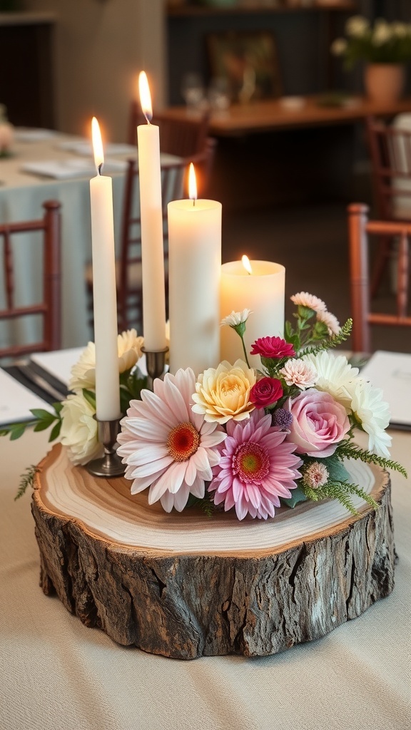 A rustic centerpiece featuring a wooden slice table round, candles and a floral arrangement