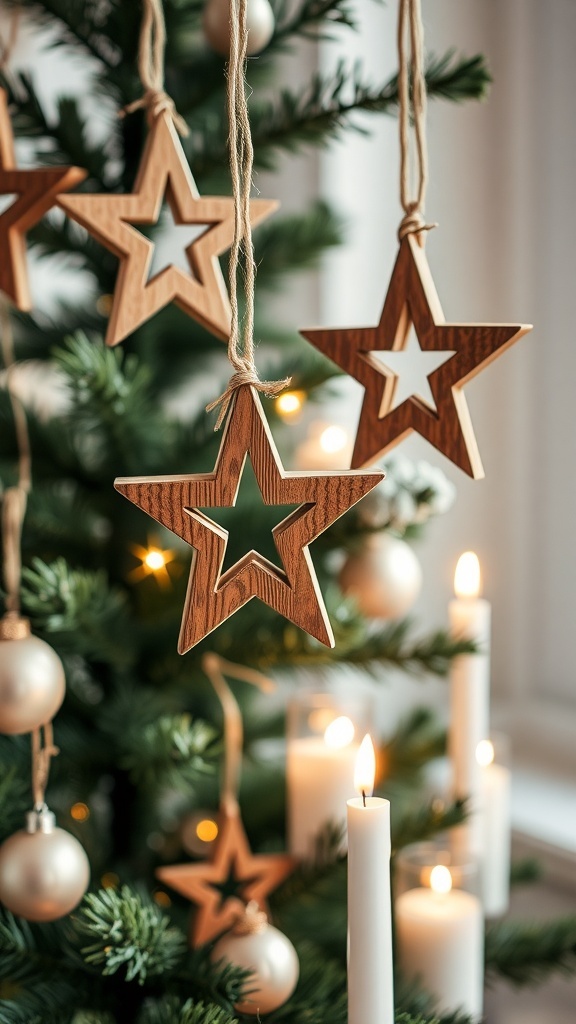 Wooden star ornaments hanging on a Christmas tree with candles and baubles