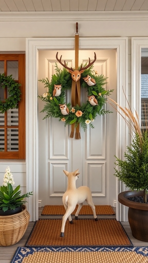 A winter wreath with woodland creatures, including a deer and owls, hanging on a front door.