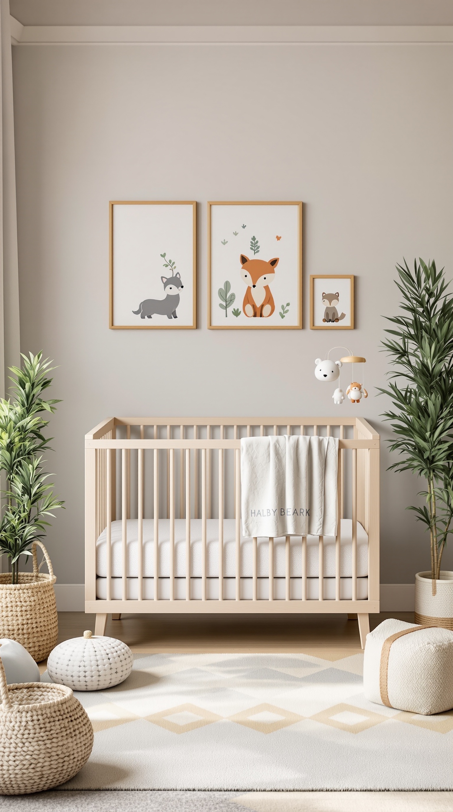 A cozy baby boy nursery decorated with woodland creatures theme, featuring animal artwork, a wooden crib, and plants.