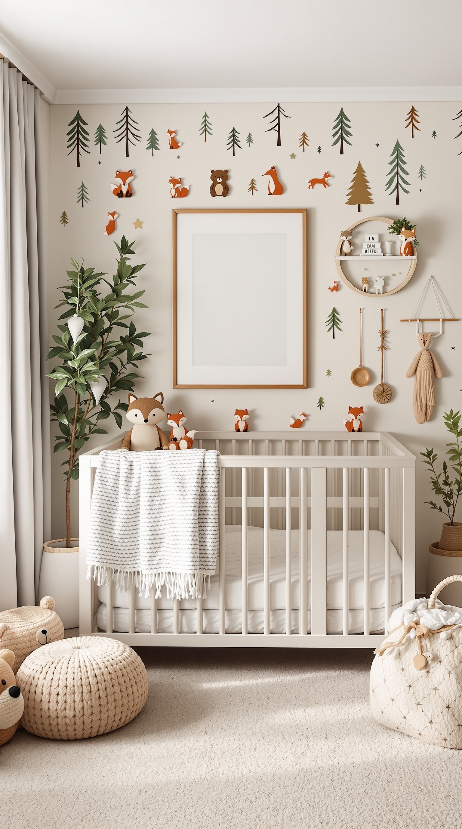 A cozy baby nursery decorated with woodland creatures, featuring a crib, plush toys, and nature-themed wall decals.