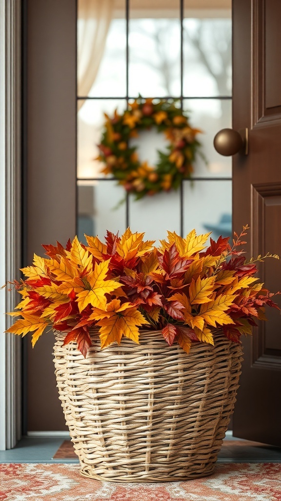 Woven basket filled with colorful fall leaves at a front door