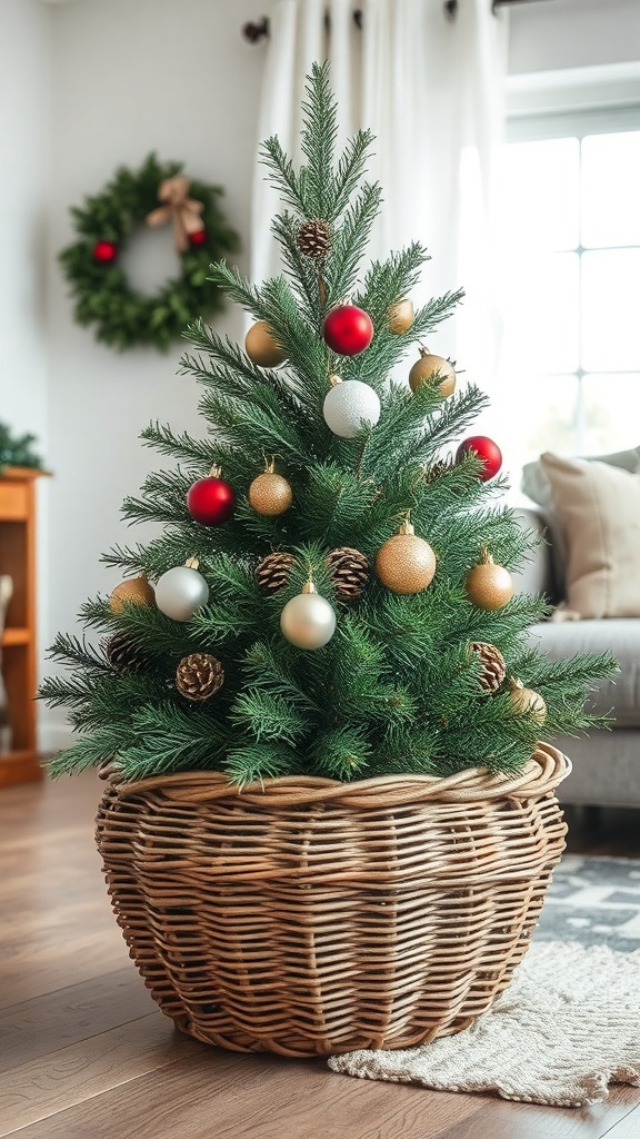A Christmas tree in a woven basket base, decorated with red, gold, and white ornaments, set in a cozy living room.