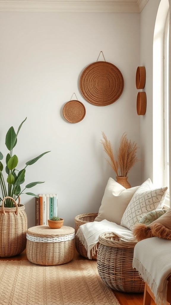 A cozy corner featuring woven baskets and wall decor in a rustic home setting.
