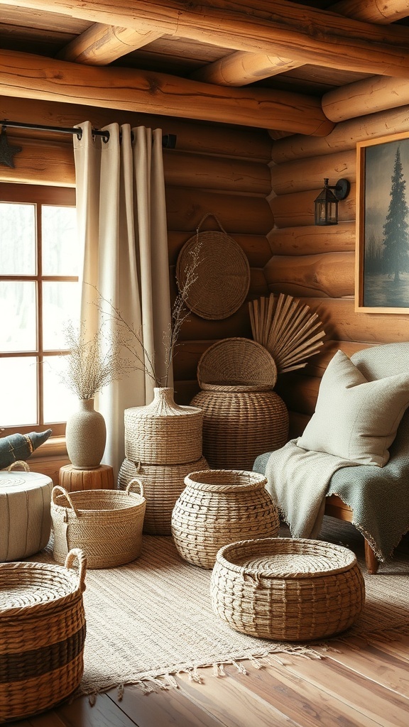 A cozy cabin interior featuring various woven baskets and textures, enhancing the rustic decor.
