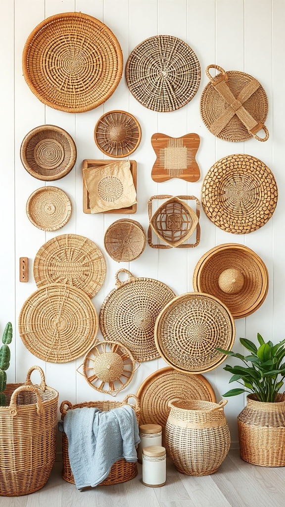 A collection of woven baskets displayed on a wall, showcasing various shapes and sizes, with plants and textiles nearby.