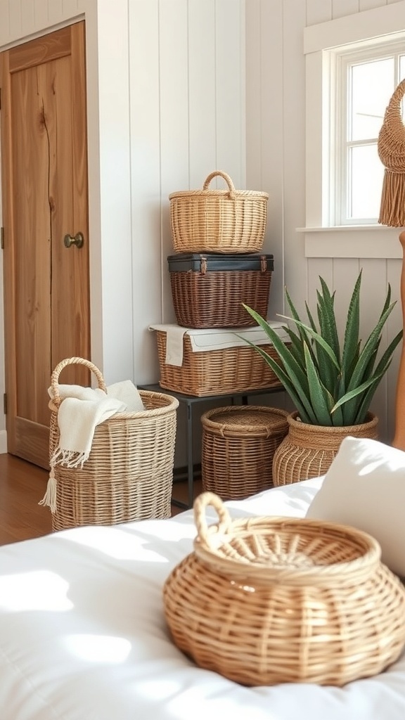 A vintage farmhouse bedroom featuring woven baskets for storage.