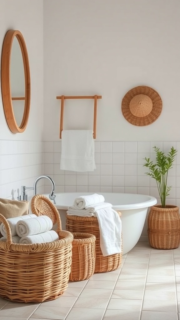 A cozy bathroom featuring woven baskets for storage, with towels and a relaxing atmosphere.