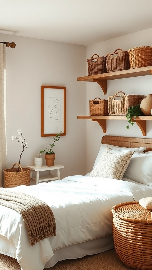 A cozy country teen bedroom featuring woven baskets for storage on shelves.