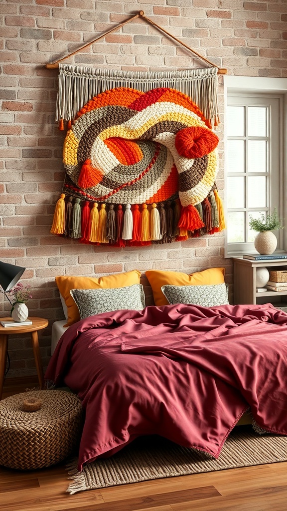 Colorful woven fiber wall art hanging above a bed with a cozy blanket and pillows.