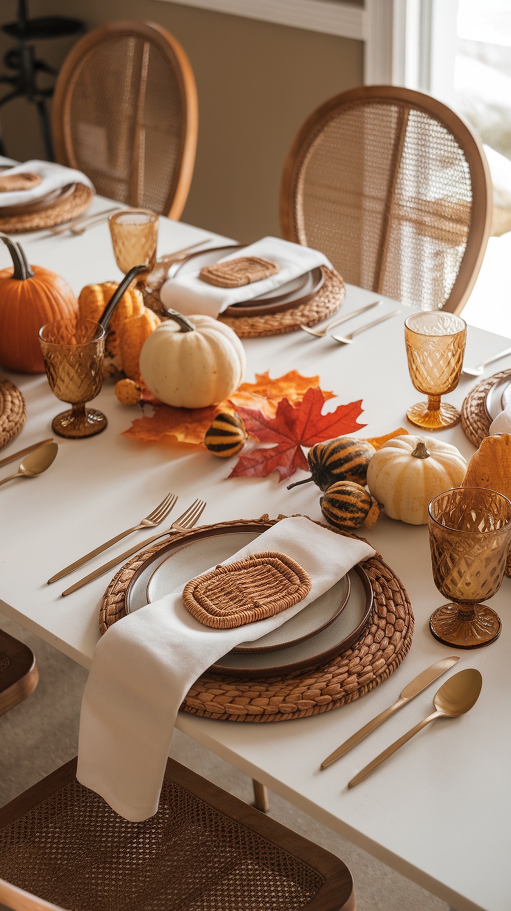 A beautifully set Thanksgiving table featuring woven napkin folds, pumpkins, and autumn leaves.