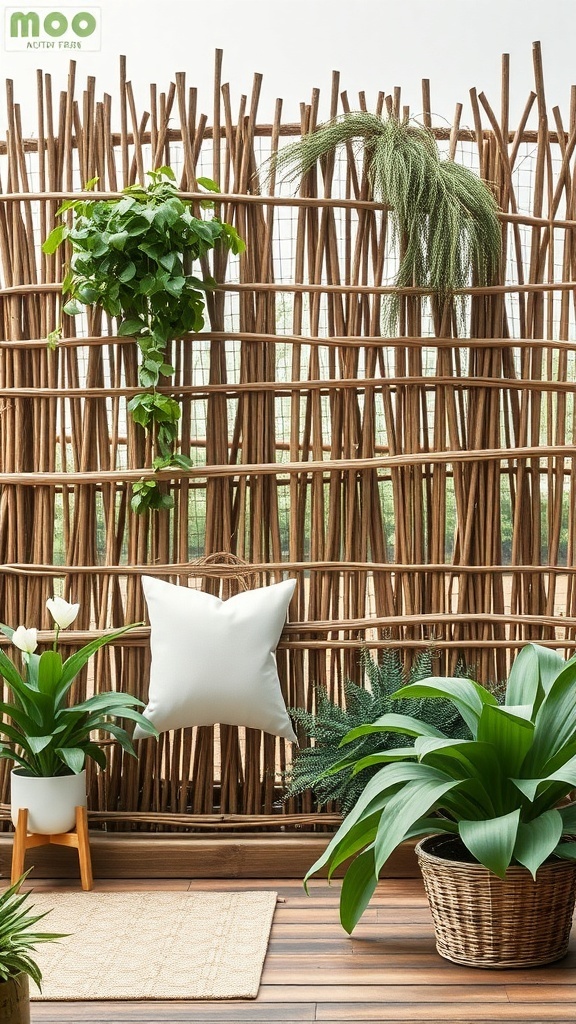 A woven willow fence with hanging plants and potted greenery, creating a natural outdoor space.