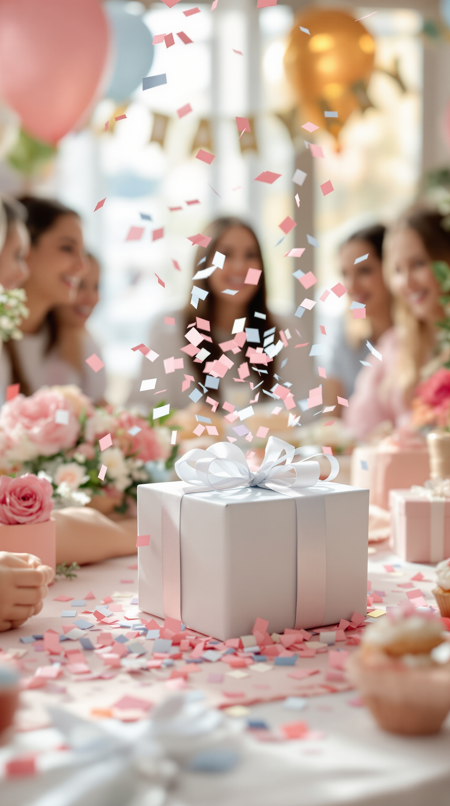 A festive gender reveal scene with a wrapped gift and colorful confetti.