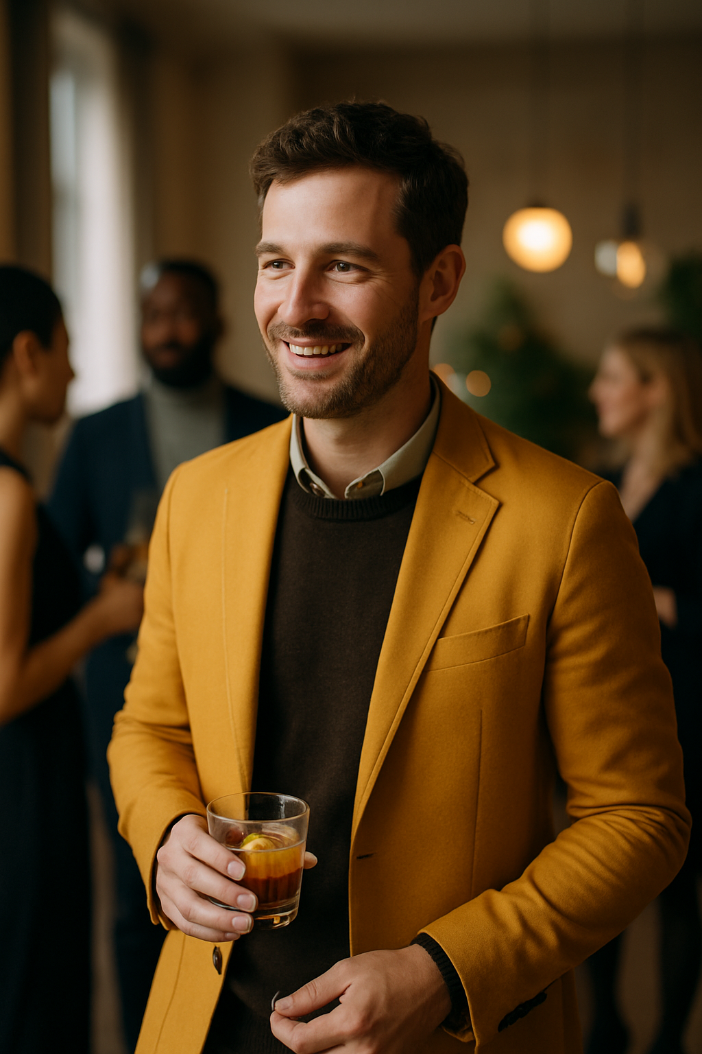 A man wearing a yellow blazer and holding a drink at an evening event.