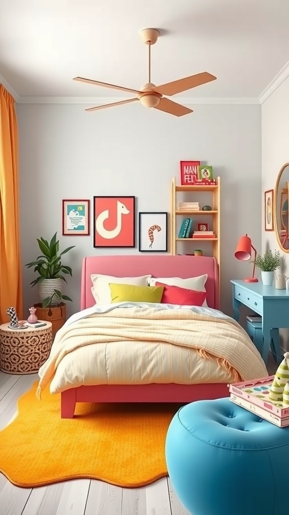A vibrant bedroom featuring a pink bed, colorful pillows, an orange rug, and playful decor.