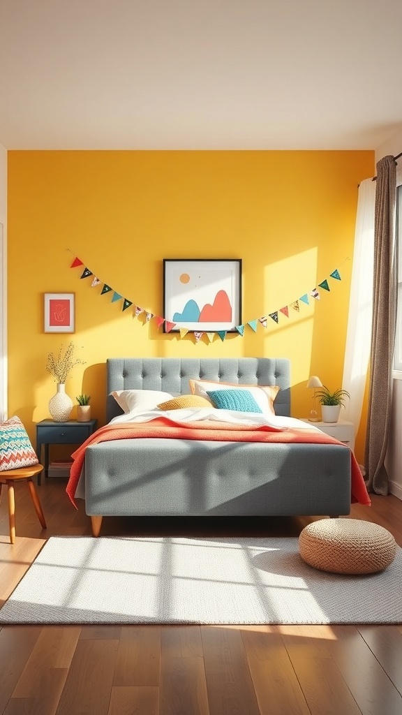 A bright and cheerful bedroom featuring a grey bed frame, yellow walls, and colorful decor.