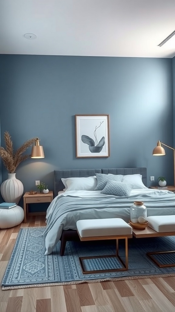 A zen-inspired blue bedroom featuring soft blue walls, a cozy bed with light gray and blue linens, wooden furniture, stylish lamps, and decorative plants.