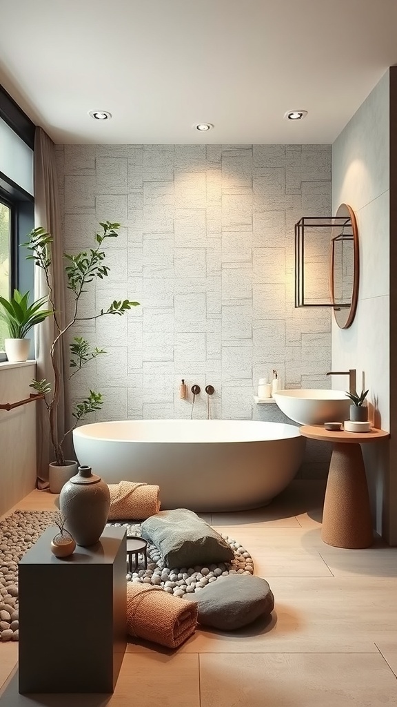 A serene Japandi bathroom featuring a round bathtub, natural elements, and a calming color palette.