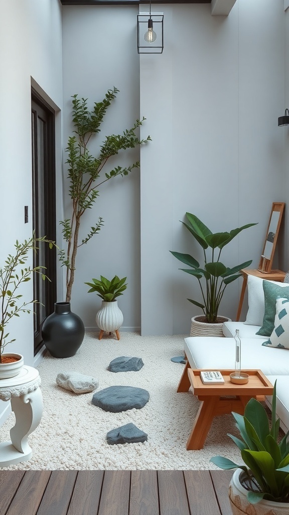 A narrow balcony designed as a Zen garden with plants, stones, and a cozy seating area.