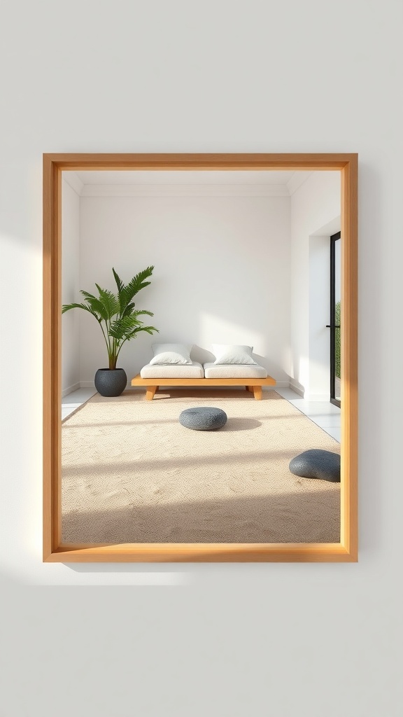 A serene room with a wooden platform bed, soft cushions, and a potted plant, reflecting Japandi design principles.
