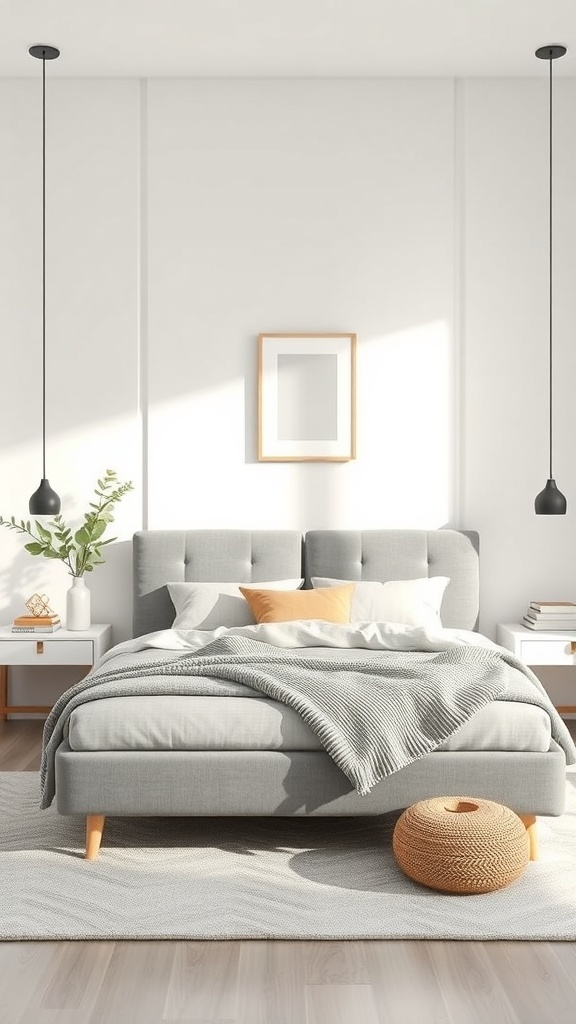 A minimalist bedroom featuring a grey bed frame, soft bedding, and simple decor.