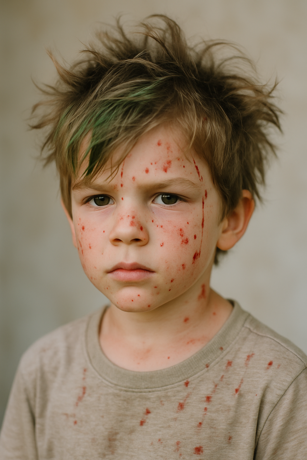 A child with messy hair and fake blood on their face, embodying a zombie look.