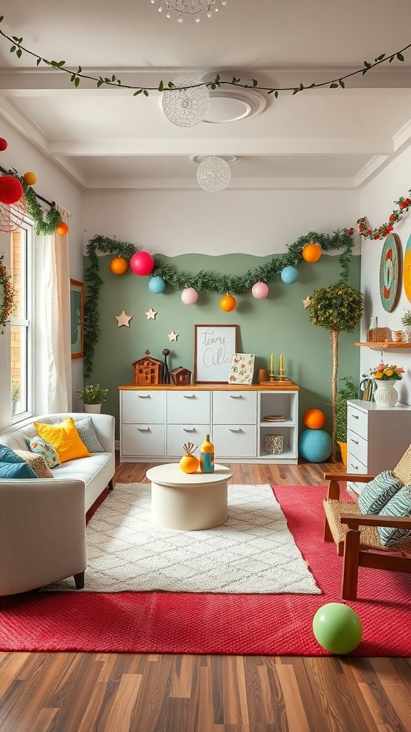 Zona de juegos decorada con globos, guirnaldas y muebles cómodos.