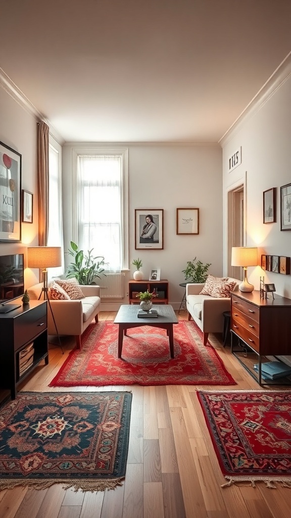 A cozy living room in a tiny studio apartment with multiple rugs defining different zones.