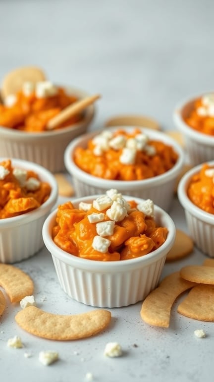 Buffalo Chicken Dip Cups with creamy orange dip and cheese topping
