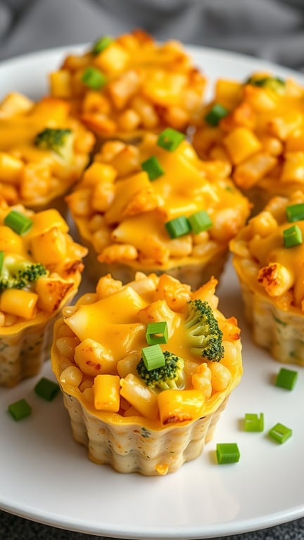 Cheesy Broccoli and Rice Cups topped with melted cheese and green onions on a plate.