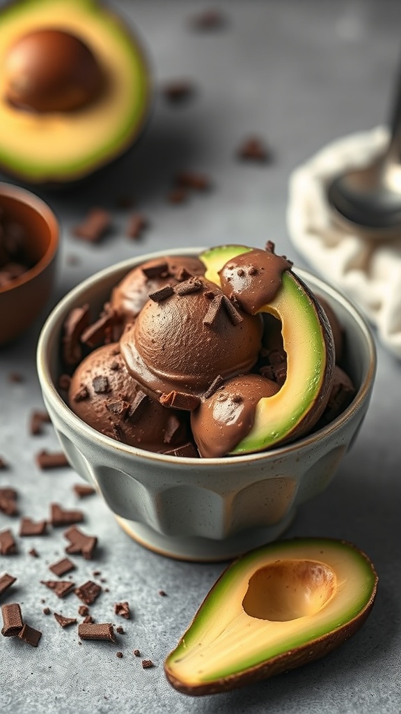 A bowl of chocolate avocado ice cream topped with chocolate shavings and a slice of avocado.