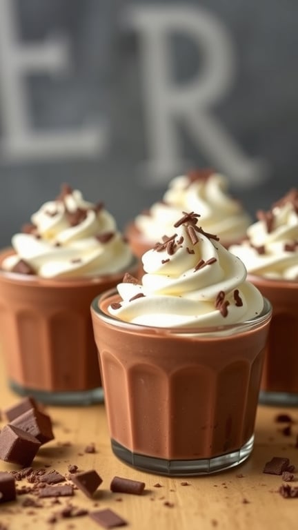 Mini cups of chocolate mousse topped with whipped cream and chocolate shavings