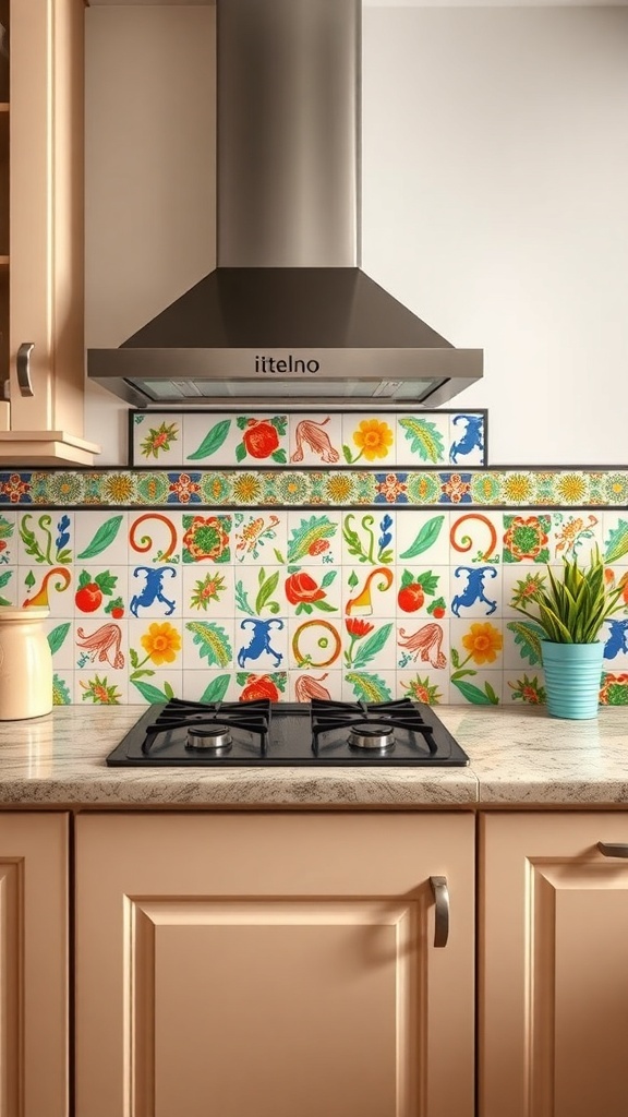 Colorful backsplash with Italian motifs in a kitchen, featuring vibrant tiles and a modern range hood.