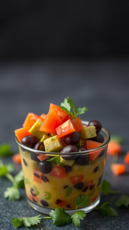 Creamy avocado and black bean cups topped with diced tomatoes and cilantro