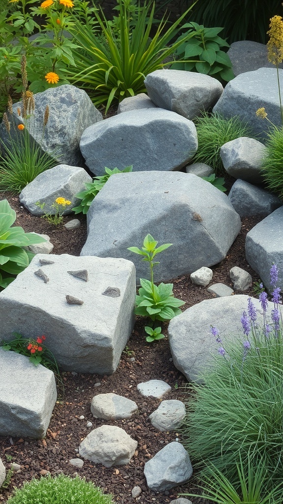 A boulder garden featuring various sizes of rocks surrounded by colorful plants and greenery.