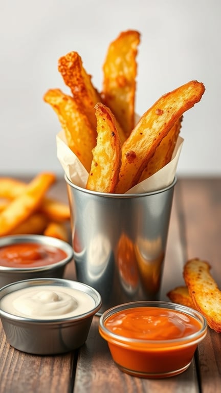 Crispy potato wedges in a cup with dipping sauces