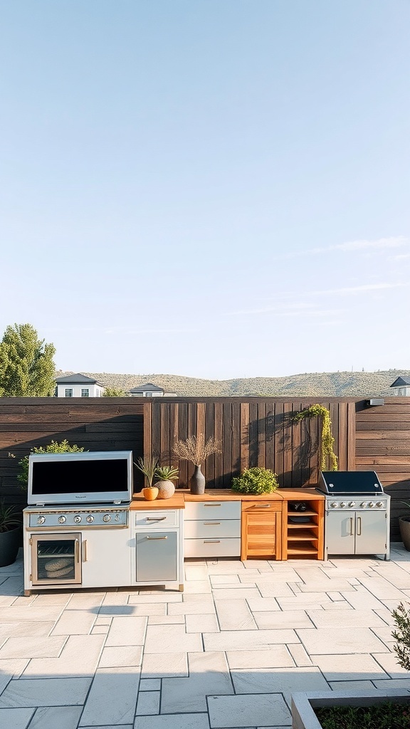A modern outdoor kitchen setup featuring customizable modular units with a grill, oven, and storage.