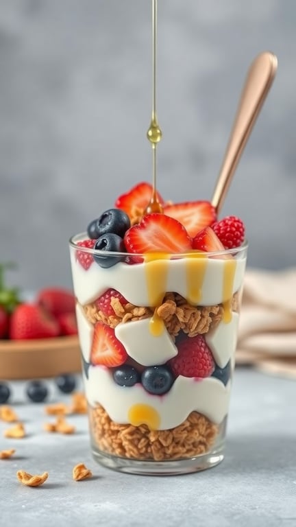 A layered fruit and yogurt parfait with strawberries, blueberries, raspberries, and granola, drizzled with honey.